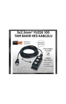 Araç Şarjı Uyumlu Kauçuk 3 Lü Prizli 8 Metre 3x2.5 Ttr Yüzde 100 Hes Kablolu Uzatma 220-250 Volt - 16 Amper -3.7 Kw - 920018944