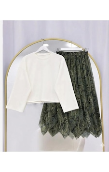 Lovie Moda Basic Bluz Asimetrik Kesim Astarlı Şifon Etekli Takım Beyaz-haki Lovie Moda Basic Bluz Asimetrik Kesim Astarlı Şifon Etekli Takım Beyaz-haki