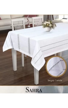 160x260 Cm Sahra Model Beyaz Polyester Ajurlu Keten Dantelli Yemek Masası Örtüsü