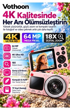 4k Dijital Fotoğraf Makinesi 18x Dijital Zoom 64 Mp Ön Ve Arka Ekranlı Kompakt Kamera Pembe 4k Dijital Fotoğraf Makinesi 18x Dijital Zoom 64 Mp Ön Ve Arka Ekranlı Kompakt Kamera Pembe