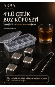4 Lü Çelik Buz Küpü Seti Maşalı Saklama Kutulu Sulandırmayan İçecek Soğutucu Metal