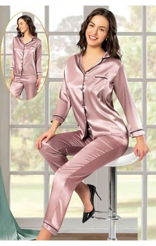 Xses 2105 Kadın Uzun Kollu Saten Pijama Takımı-vizon Vizon