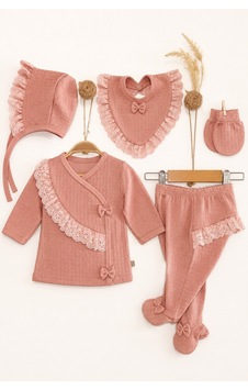 Pufien Sevimli Kız Bebek İşlemeli Yenidoğan 5'li Set Pembe Pufien Sevimli Kız Bebek İşlemeli Yenidoğan 5'li Set Pembe