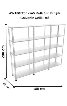 43x180x200 Cm5 Katlı 3 Lü Bitişik Galvaniz Çelik Raf. Depo, Dosya Rafı Gri