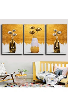 Gold Detaylı Vazodaki Çiçekler Modern Kanvas Tablo