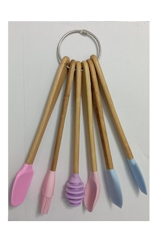 Renkli Bambu Saplı Silikon Uçlu Spatula Fırçalı Kaşık Ahşap Seti Ahşap