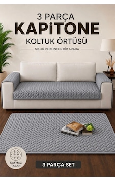 3 Parça Kaymaz Taban Kapitone 3'lü Koltuk Örtüsü Çekyat Kanepe Seti 90x200 Gri Gri