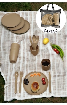 İronika 6 Kişilik 31 Parça Çantalı Kolay Taşınır Piknik Seti Plastik Bardak Çatal Kaşık Bıçak Yemek Kahvaltı Takımı-latte Kahverengi
