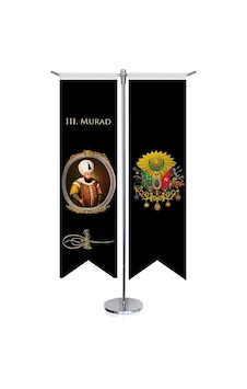 Osmanlı Padişahları - Iıı. Murad Ve Osmanlı Arması - Kırlangıç - Saten T Direk 2li Masa Bayrağı 1 Osmanlı Padişahları - Iıı. Murad Ve Osmanlı Arması - Kırlangıç - Saten T Direk 2li Masa Bayrağı 1