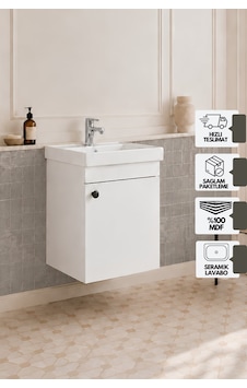 Mimoza 50 Cm, Mdf, Lavabolu Alt Banyo Dolabı, Kapaklı Banyo Dolabı, Seramik Lavabo Dahil, Mdf Beyaz