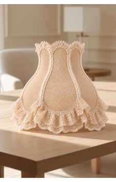 Kanaviçe Kumaş Kaplı Dantel Süslemeli Hasır El Yapımı Vintage Lambader Şapkası 45x40cm Açık Kahverengi
