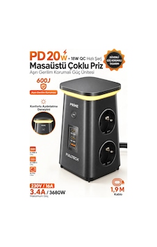 Exenar - Siyah - Akım Korumalı 4'lü Priz 20w Pd Hızlı Şarj Usb-a Ve 2x Usb-c Çıkışlı Katlanabilir Gece Lambalı Güç Ünitesi 1.9 M