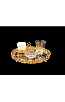 Oval Tepsili Tek Kişilik Lüks Altın Damat Kahve Fincan Takımı
