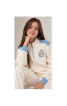 Mila Mood Çocuk Ekru Mavi Nakış Detaylı Fermuarlı Sweatshirt Bol Paça Pantolon 2 Li Takım