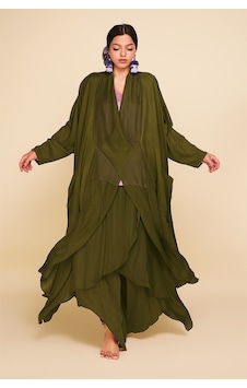 Bohem Stil Italyan Ipek Detaylı Oversize Sonsuzluk Kaftan Bluz- Asimetrik Pantolon Takım-9197 Haki