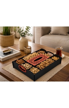 45x33 Cm Ahşap Kuruyemiş Sunum Tepsisi Ve Peçetelik Lazer Kesim Mdf Servis Tepsisi Siyah