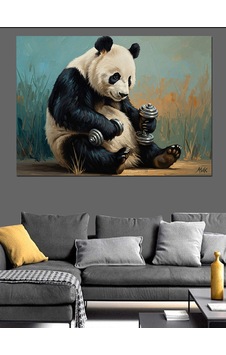 Çimler Üzerinde Dinlenen Panda Figürü Dekoratif Kanvas - Mdf Ahşap Tablo
