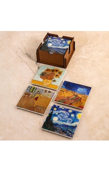 Van Gogh Seramik Ahşap Kutulu 4'lü Bardak Altlığı