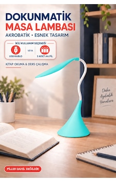 Dokunmatik Led Masa Lambası Dimmerli Esnek Akrobatik Kitap Okuma Ders Çalışma Pilli & Usb Kablolu Kullanım Mavi