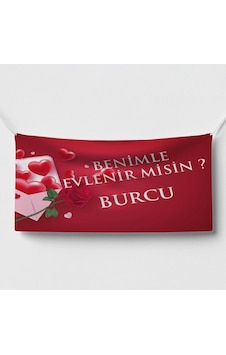 Kalp Ve Gül Temalı Benimle Evlenir Misin Afişi 200x100 Cm