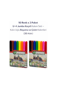 U-4 Jumbo Keçeli Kalem 10 Renk X 2 Paket Kalın Uçlu Boyama Ve Çizim Kalemi Seti 20 Adet