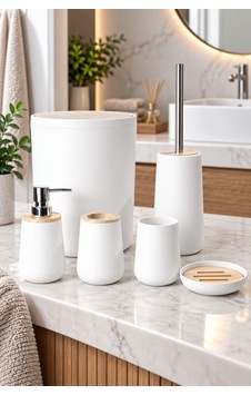 Eva 6 Parça Bambu Detaylı Banyo Seti Beyaz Eva 6 Parça Bambu Detaylı Banyo Seti Beyaz