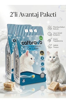Catbravo Doğal Bentonite- Süper Topaklanan Marsilya Sabun Kokulu Kedi Kumu 10 Lt X 2 Adet Catbravo Doğal Bentonite- Süper Topaklanan Marsilya Sabun Kokulu Kedi Kumu 10 Lt X 2 Adet