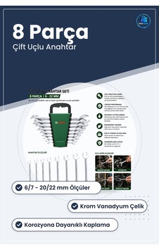 Açık Anahtar Seti 8 Parça Çift Uçlu İle /22 Mm Krom Vanadyum Kapl Açık Anahtar Seti 8 Parça Çift Uçlu İle /22 Mm Krom Vanadyum Kapl