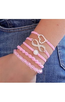 Pembe Sonsuzluk - Kalp- Kristal Makrome Ip Bileklik Takımı Set Pembe