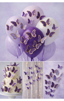 63 Adet Mor 3d Kelebek Süs Seti 4 - 6 CM Yapışkan Dahil Balon Pasta Duvar Dekoru