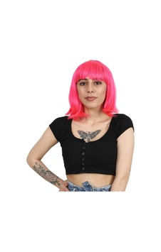 Küt Kahküllü Fiber Sentetik Peruk - Neon Pembe Renkli Küt Kahküllü Fiber Sentetik Peruk - Neon Pembe Renkli