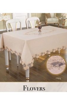 Keten 3d İşlemeli Tek Masa Örtüsü 160x260cm Dantelli Yemek Masası Örtüsü Flowers Model Kapiçino Karışık