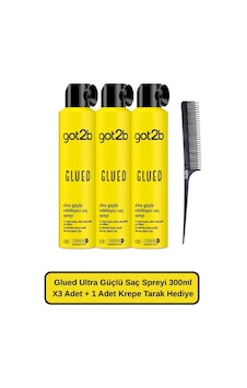 Got2b Glued Ultra Güçlü Saç Spreyi 300 ML X3 Adet + 1 Adet Krepe Tarak Hediyeli Got2b Glued Ultra Güçlü Saç Spreyi 300 ML X3 Adet + 1 Adet Krepe Tarak Hediyeli