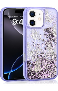 Apple Uyumlu iPhone 12 Uyumlu Kılıf Sıvılı Simli Kelebek Baskılı Şeffaf Arka Yüzey Zore Glis Silikon Kapak-mor -