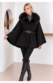 Moda Banuş Kürk Yaka Kemerli Kaşe Panço Siyah