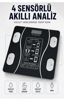 Bluetooth Akıllı Tartı 180 Kg Kapasiteli Vücut Yağ Kas Su Bmı Analizli Cam Baskül Siyah Bluetooth Akıllı Tartı 180 Kg Kapasiteli Vücut Yağ Kas Su Bmı Analizli Cam Baskül Siyah