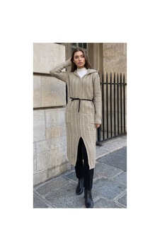 Onno Style Women Saç Örgü Triko Uzun Kadın Hırka Krem