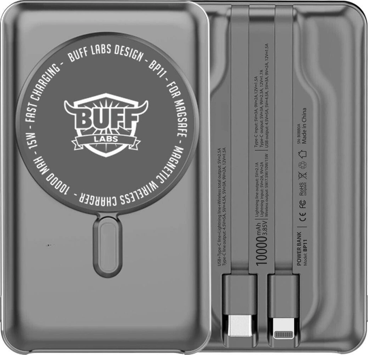 Buff Bp11 10000mah Magsafe Uyumlu Dahili Kablolu Powerbank Gray-9274 Düz