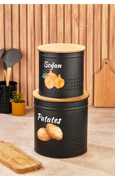 2 Katlı Ahşap Kapaklı Metal Patates Soğan Kovası - Sebzelik - Patates Soğanlık Sepeti Siyah