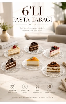 Porsima Tokyo 10788 6'lı Desenli Cam Pasta Tabak Seti 16 Cm Tatlı & İkram Tabağı