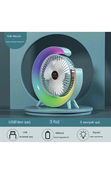 Masaüstü Vantilatör Usb Şarjlı Rgb Led Işıklı 3 Kademeli 180 Ayarlanabilir Soğutucu Fan Mavi - 8912733838862 Masaüstü Vantilatör Usb Şarjlı Rgb Led Işıklı 3 Kademeli 180 Ayarlanabilir Soğutucu Fan Mavi - 8912733838862