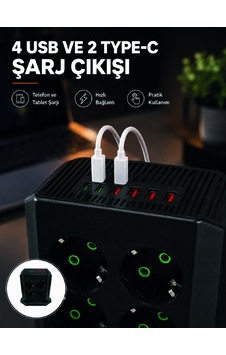 8'li Dikey Çoklu Priz 4 Usb 2 Type-c Akım Korumalı Anahtarlı Priz 0 - 2 M 8'li Dikey Çoklu Priz 4 Usb 2 Type-c Akım Korumalı Anahtarlı Priz 0 - 2 M