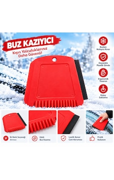 Arkado Araç Buz Kazıyıcı Kırmızı Plastik Buz Temizleme Aparatı Lastik Kenarlı Kışlık Oto Aksesuarı