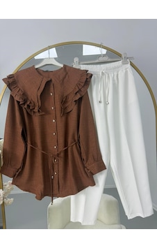 Lovie Moda Fırfır Yaka Bağcıklı Tunik Pantolonlu Takım Kahverengi