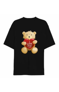Dogutrend 14 Şubat Sevgililer Günü I Love You Ayı Baskılı Oversize Bisiklet Yaka T-shirt - Siyah