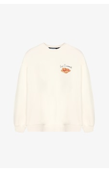 Quzu Kruvasan Baskılı Oversize Sweatshirt Ekru