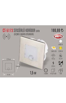 Cata Ct-5173 1,5W Sensörlü Spot Koridor Aydınlatma Armatür(472531715) Cata Ct-5173 1,5W Sensörlü Spot Koridor Aydınlatma Armatür(472531715)