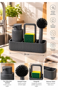 Antrasit Mutfak Lavabo Üstü Organizer Seti 24 Cm Deterjanlık Süngerlik Bulaşık Fırçalık Tezgah Düzenleyici Antrasit Mutfak Lavabo Üstü Organizer Seti 24 Cm Deterjanlık Süngerlik Bulaşık Fırçalık Tezgah Düzenleyici
