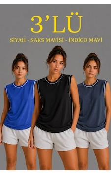 Drgy Giyim 3 Lü Kolsuz Sporcu Atlet Seti Yazlık Bisiklet Yaka - Siyah, Saks Mavisi, İndigo Çok Renkli Drgy Giyim 3 Lü Kolsuz Sporcu Atlet Seti Yazlık Bisiklet Yaka - Siyah, Saks Mavisi, İndigo Çok Renkli