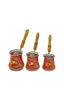 Bakır Cezve Özel İşlemeli Kırmızı 3'lü Set